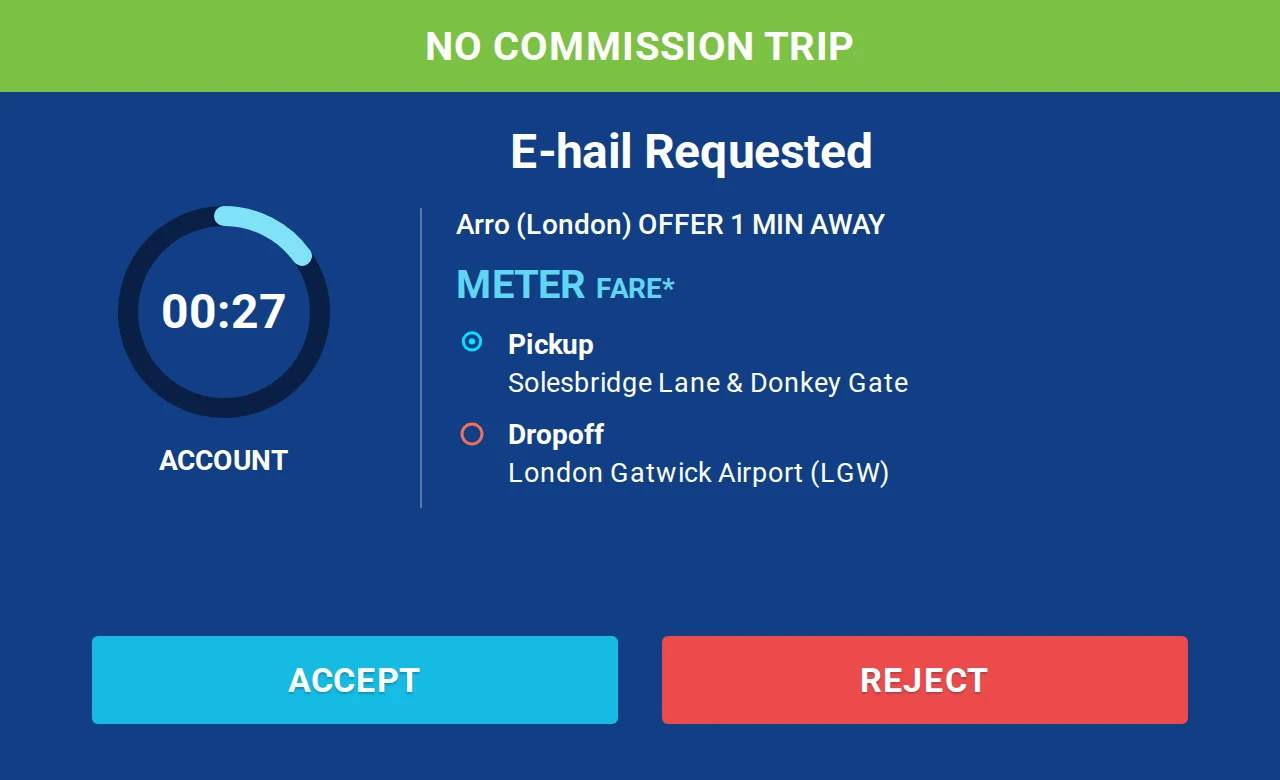 ARRO e-hail request on the driver tablet, marked as a no commission trip