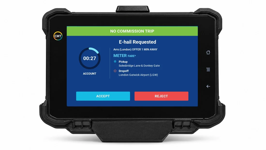 CMT driver tablet showing an ARRO e-hail request marked as a no commission trip