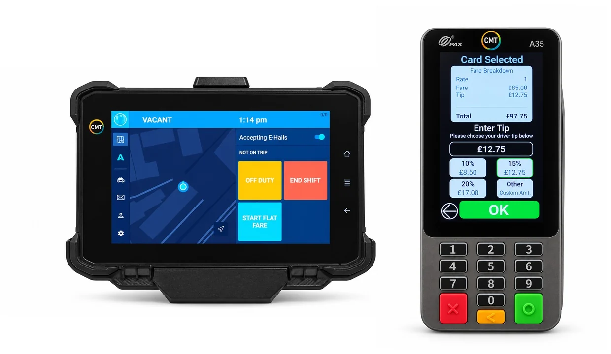 CMT driver tablet and PAX A35 card terminal showing the tipping screen